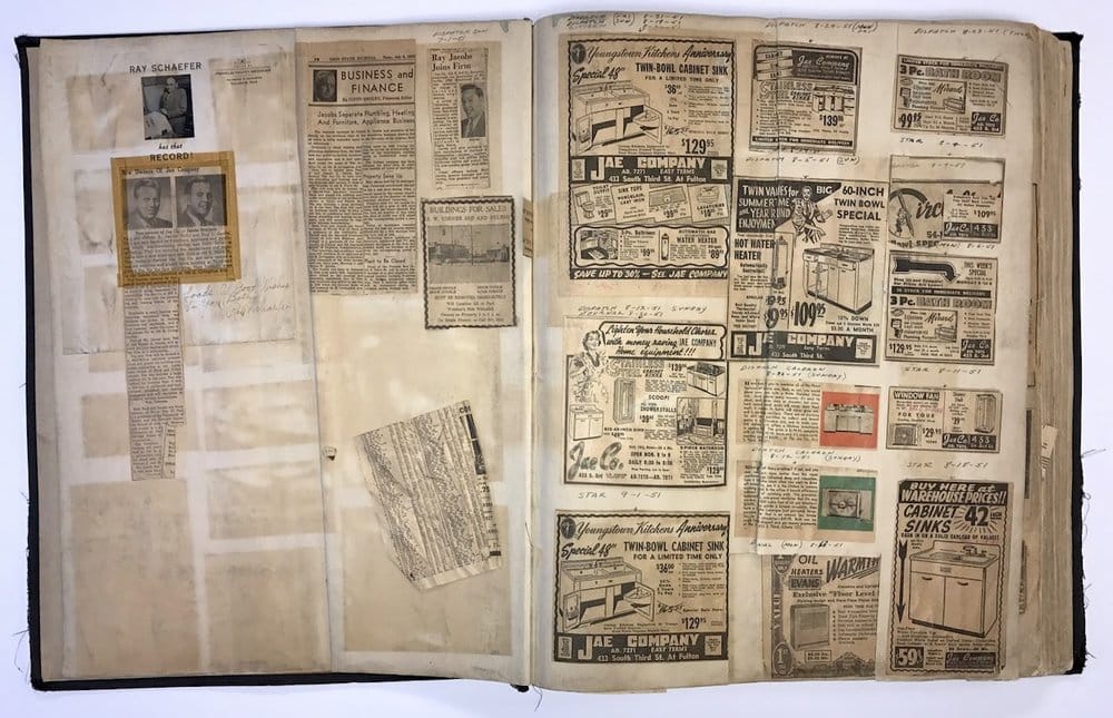 scrapbook of old jae company newspaper ads and pictures