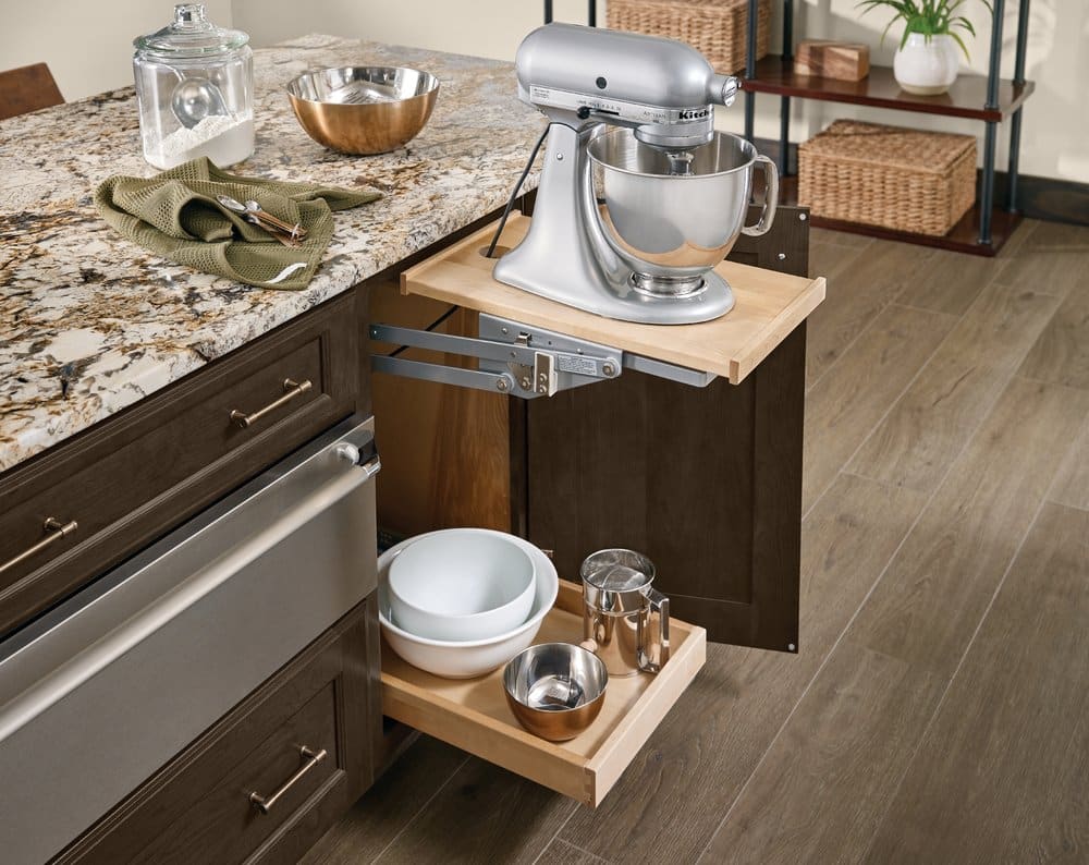 kraftmaid mixer stand mounted to cabinet and counter