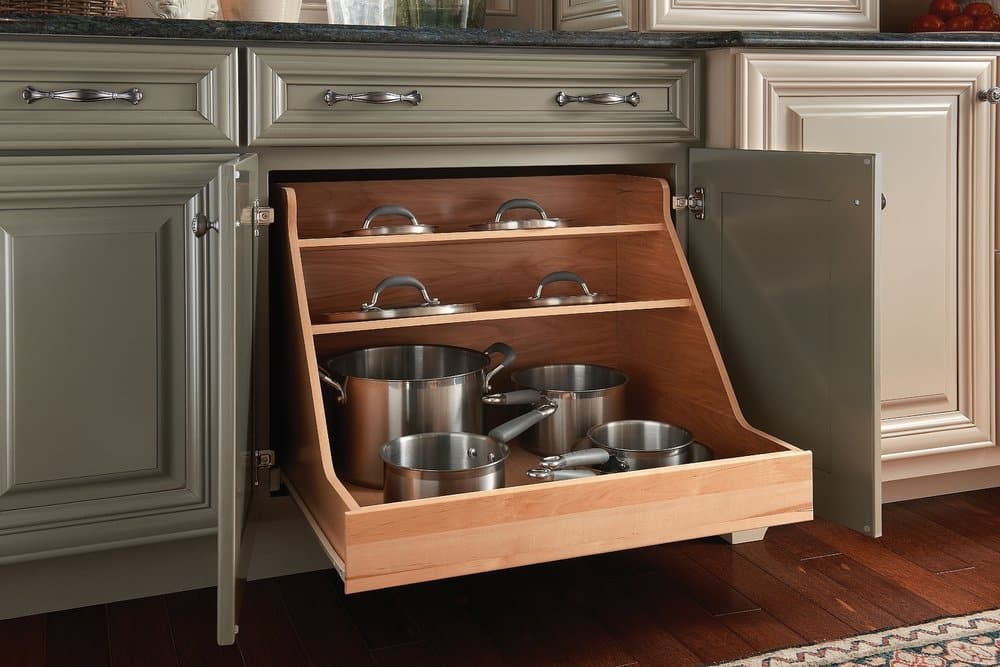 kraftmaid pull out pot and pan organizer in cabinet