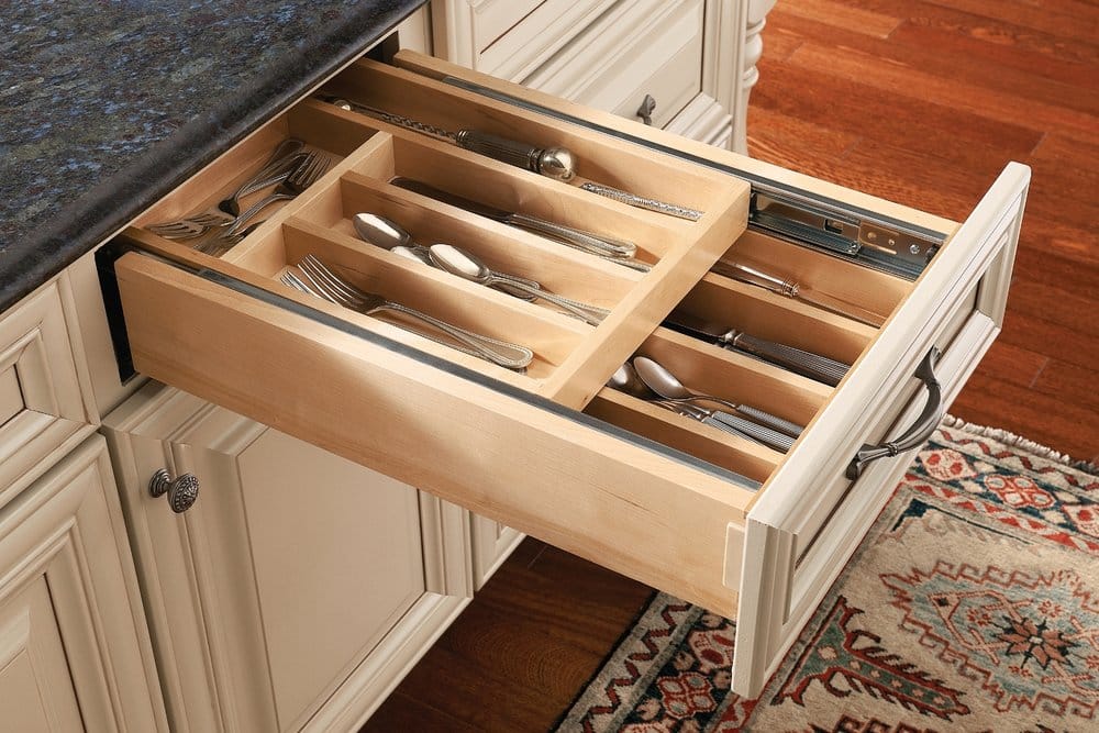 kraftmaid drawer open to showcase silverware and utensil organization